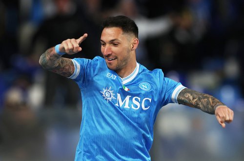 Soccer Football - Serie A - Napoli v AC Milan - Stadio Diego Armando Maradona, Naples, Italy - April 6, 2026 Napoli's Matteo Politano celebrates scoring their first goal REUTERS/Ciro De Luca