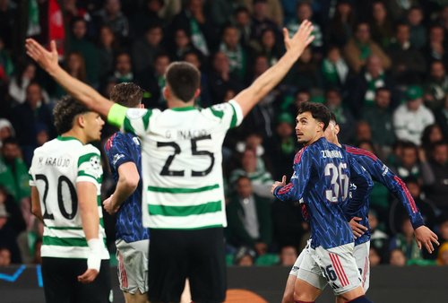 Soccer Football - UEFA Champions League - Quarter Final - First Leg - Sporting CP v Arsenal - Estadio Jose Alvalade, Lisbon, Portugal - April 7, 2026 Arsenal's Martin Zubimendi celebrates scoring their first goal before it is disallowed after a VAR review