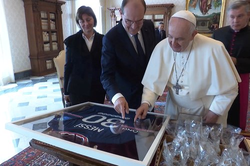 Pope Francis receives a Paris Saint Germain jersey signed by Argentine Lionel Messi from French PM Jean Castex