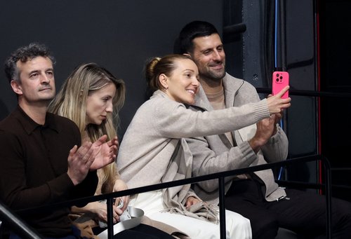 Milano Cortina 2026 Olympics - Figure Skating - Team Event - Men Single Skating - Free Skating - Milano Ice Skating Arena, Milan, Italy - February 08, 2026. Tennis player Novak Djokovic selfie with Jelena Djokovic Đoković of the men's s