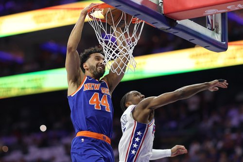 May 8, 2026; Philadelphia, Pennsylvania, USA; New York Knicks guard Landry Shamet (44) dunks the ball past Philadelphia 76ers guard Tyrese Maxey (0) during the second quarter of game three of the second round of the 2026 NBA Playoffs at Xfinity Mobile Are