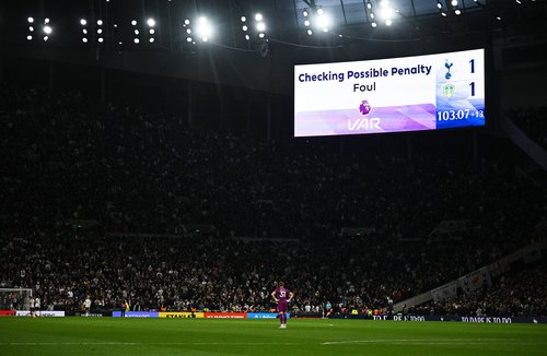 Soccer Football - Premier League - Tottenham Hotspur v Leeds United - Tottenham Hotspur Stadium, London, Britain - May 11, 2026 The big screen displays a VAR review message REUTERS/Dylan Martinez EDITORIAL USE ONLY. NO USE WITH UNAUTHORIZED AUDIO, VIDEO,