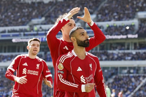 Soccer Football - Premier League - Everton v Liverpool - Hill Dickinson Stadium, Liverpool, Britain - April 19, 2026 Liverpool's Mohamed Salah celebrates scoring their first goal with Curtis Jones Action Images via Reuters/Jason Cairnduff EDITORIAL USE ON