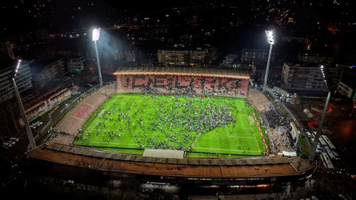 Soccer Football - FIFA World Cup - UEFA Qualifiers - Finals - Bosnia and Herzegovina v Italy - Bilino Polje Stadium, Zenica, Bosnia and Herzegovina - March 31, 2026 A drone view of fans celebrating on the pitch after Bosnia and Herzegovina qualified for t