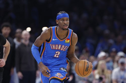 Dec 22, 2025; Oklahoma City, Oklahoma, USA; Oklahoma City Thunder guard Shai Gilgeous-Alexander (2) dribbles down the court against the Memphis Grizzlies during the second half at Paycom Center. Mandatory Credit: Alonzo Adams-Imagn Images
