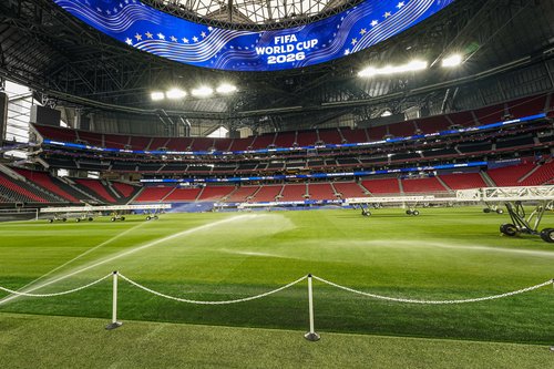 May 21, 2026; Atlanta, Georgia, USA; General view of the new grass pitch installed in Atlanta Stadium during an event to showcase the preparations for the 2026 FIFA World Cup at Atlanta Stadium. Mandatory Credit: Dale Zanine-Imagn Images