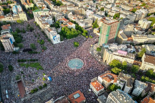 A drone view of demonstrators attending a student-led protest