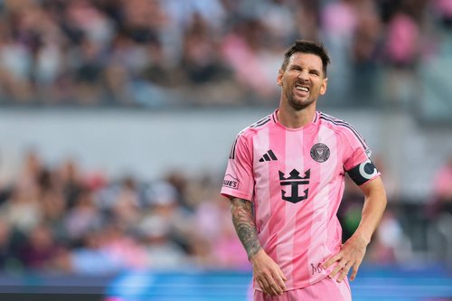 May 17, 2026; Miami, Florida, USA; Inter Miami CF forward Lionel Messi (10) reacts against the Portland Timbers during the second half at Nu Stadium. Mandatory Credit: Sam Navarro-Imagn Images