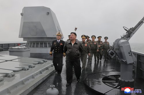 North Korean leader Kim Jong Un visits a navy destroyer being tested for deployment, May 7, 2026
