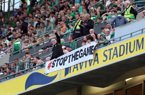 Soccer Football - International Friendly - Republic of Ireland v Qatar - Aviva Stadium, Dublin, Ireland - May 28, 2026 A banner is displayed in the stands as part of a protest during the match REUTERS/Cathal Mcnaughton