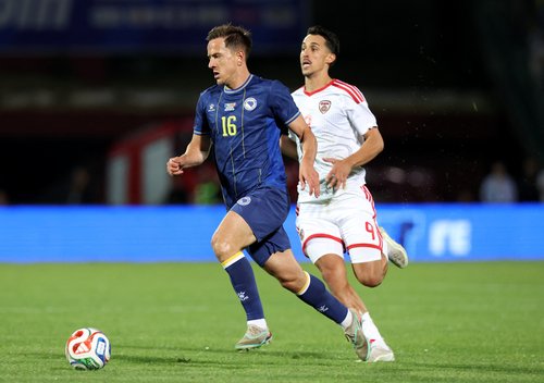 Soccer Football - International Friendly - Bosnia and Herzegovina v North Macedonia - Asim Ferhatovic Hase Olympic Stadium, Sarajevo, Bosnia and Herzegovina - May 29, 2026 Bosnia and Herzegovina's Amir Hadziahmetovic Hadžiahmetović North Macedonia's Bojan