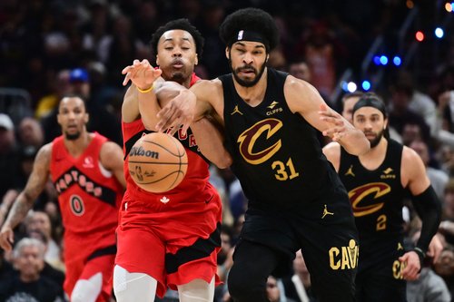 May 3, 2026; Cleveland, Ohio, USA; Toronto Raptors forward Scottie Barnes (4) goes