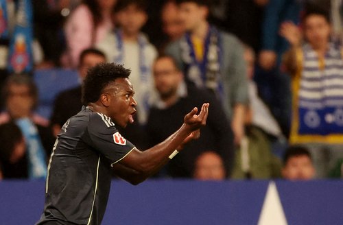 Soccer Football - LaLiga - Espanyol v Real Madrid - RCDE Stadium, Cornella de Llobregat, Spain - May 3, 2026 Real Madrid's Vinicius Junior reacts REUTERS/Bruna Casas