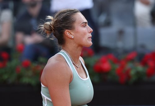 Tennis - Italian Open - Foro Italico, Rome, Italy - May 9, 2026 Belarus' Aryna Sabalenka looks dejected after losing her round of 32 match against Romania's Sorana Cirstea REUTERS/Claudia Greco