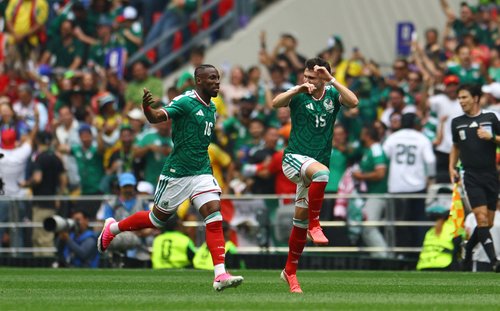 Soccer Football - FIFA World Cup 2026 - Group A - Mexico v South Africa - Estadio Azteca, Mexico City, Mexico - June 11, 2026 Mexico's Julian Quinones celebrates scoring their first goal with Israel Reyes REUTERS/Hannah Mckay