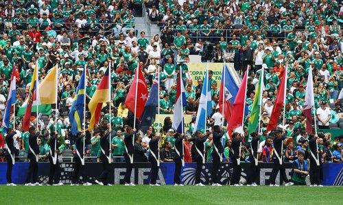 Soccer Football - FIFA World Cup 2026 - Group A - Mexico v South Africa - Estadio Azteca, Mexico City, Mexico - June 11, 2026 The flags of participating countries are displayed before the match REUTERS/Pawel Kopczynski