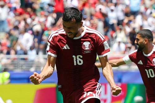 Soccer Football - FIFA World Cup 2026 - Group B - Qatar v Switzerland - San Francisco Bay Area Stadium, Santa Clara, California, U.S. - June 13, 2026 Qatar's Boualem Khoukhi celebrates scoring their first goal REUTERS/Carlos Barria
