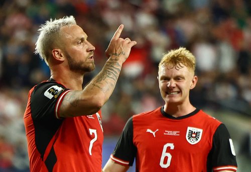 Soccer Football - FIFA World Cup 2026 - Group J - Austria v Jordan - San Francisco Bay Area Stadium, Santa Clara, California, U.S. - June 16, 2026 Austria's Marko Arnautovic celebrates scoring their third goal REUTERS/Eloisa Lopez