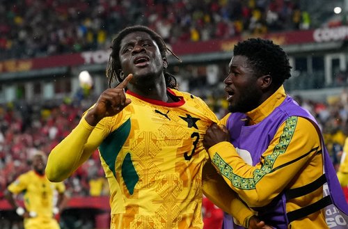 Soccer Football - FIFA World Cup 2026 - Group L - Ghana v Panama - Toronto Stadium, Toronto, Canada - June 17, 2026 Ghana's Caleb Yirenkyi celebrates scoring their first goal with Christopher Baah IMAGN IMAGES via Reuters/Kevin Sousa