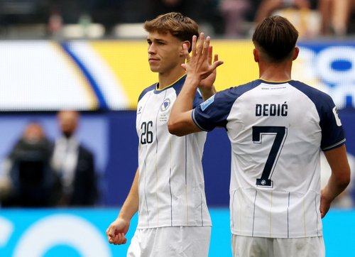Soccer Football - FIFA World Cup 2026 - Group B - Switzerland v Bosnia and Herzegovina - Los Angeles Stadium, Inglewood, California, U.S. - June 18, 2026 Bosnia and Herzegovina's Ermin Mahmic celebrates scoring their first goal with Amar Dedic IMAGN IMAGE