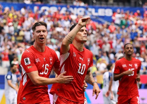 Soccer Football - FIFA World Cup 2026 - Group B - Switzerland v Bosnia and Herzegovina - Los Angeles Stadium, Inglewood, California, U.S. - June 18, 2026 Switzerland's Granit Xhaka celebrates scoring their fourth goal with Cedric Itten REUTERS/Daniel Cole