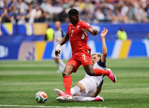 Soccer Football - FIFA World Cup 2026 - Group B - Switzerland v Bosnia and Herzegovina - Los Angeles Stadium, Inglewood, California, U.S. - June 18, 2026 Bosnia and Herzegovina's Tarik Muharemovic commits a foul on Switzerland's Breel Embolo resulting in