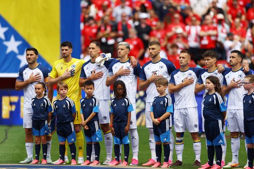 Soccer Football - FIFA World Cup 2026 - Group B - Canada v Bosnia and Herzegovina - Toronto Stadium, Toronto, Canada - June 12, 2026 Bosnia and Herzegovina players line up during the national anthems before the match REUTERS/Claudia Greco