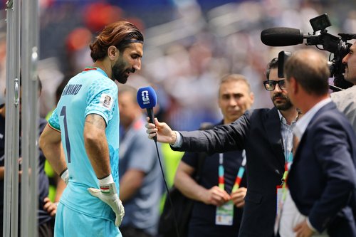 Soccer Football - FIFA World Cup 2026 - Group G - Belgium v Iran - Los Angeles Stadium, Inglewood, California, U.S. - June 21, 2026 Iran's Alireza Beiranvand is interviewed for television after the match REUTERS/Daniel Cole