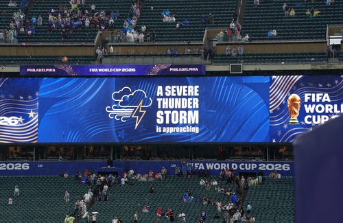 Soccer Football - FIFA World Cup 2026 - Group I - France v Iraq - Philadelphia Stadium, Philadelphia, Pennsylvania, U.S. - June 22, 2026 General view inside the stadium as a weather warning is displayed on the big screen at half time IMAGN IMAGES via Reut