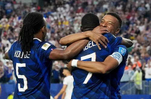 Soccer Football - FIFA World Cup 2026 - Group I - France v Iraq - Philadelphia Stadium, Philadelphia, Pennsylvania, U.S. - June 22, 2026 France's Ousmane Dembele celebrates scoring their third goal with Jules Kounde and Kylian Mbappe IMAGN IMAGES via Reut