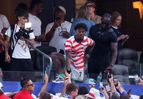 Soccer Football - FIFA World Cup 2026 - Group D - United States v Paraguay - Los Angeles Stadium, Inglewood, California, U.S. - June 12, 2026 Streamer IShowSpeed in the stands at half time REUTERS/Mario Anzuoni
