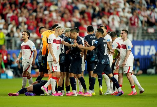 Soccer Football - FIFA World Cup 2026 - Group D - Turkey v Paraguay - San Francisco Bay Area Stadium, Santa Clara, California, U.S. - June 19, 2026 Paraguay's Miguel Almiron clashes with Turkey's Mert Muldur before being shown a red card by referee Ivan B