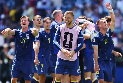 Soccer Football - FIFA World Cup 2026 - Group B - Bosnia and Herzegovina v Qatar - Seattle Stadium, Seattle, Washington, U.S. - June 24, 2026 Bosnia and Herzegovina's Dzenis Burnic, Amar Memic and Jovo Lukic celebrate after the match IMAGN IMAGES via Reut