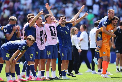 Soccer Football - FIFA World Cup 2026 - Group B - Bosnia and Herzegovina v Qatar - Seattle Stadium, Seattle, Washington, U.S. - June 24, 2026 Bosnia and Herzegovina's Sead Kolasinac, Arjan Malic, Amar Dedic, Dzenis Burnic and Ermin Mahmic celebrate after
