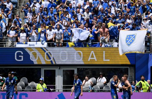 Soccer Football - FIFA World Cup 2026 - Group B - Bosnia and Herzegovina v Qatar - Seattle Stadium, Seattle, Washington, U.S. - June 24, 2026 Bosnia and Herzegovina fans celebrate their third goal scored by Ermin Mahmic IMAGN IMAGES via Reuters/Steven Bis