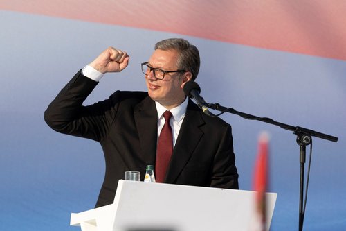 Serbian President Aleksandar Vucic gestures on stage during a major rally organised by Serbia's ruling Serbian Progressive Party (SNS) in Belgrade, Serbia, June 27, 2026. REUTERS/Djordje Kojadinovic