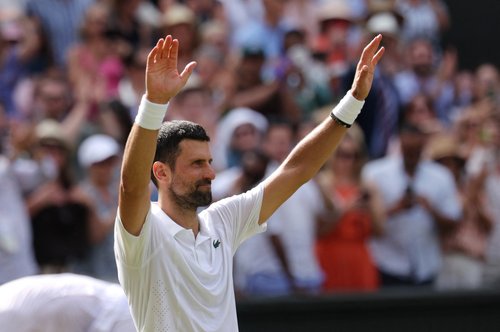 2026-07-Tennis - Wimbledon - All England Lawn Tennis and Croquet Club, London, Britain - July 5, 2026 Serbia's Novak Djokovic celebrates after winning his fourth round match against Russia's Roman Safiullin REUTERS/Marko Djurica-WIMBLEDON