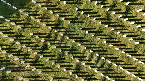 A drone view shows Potocari memorial center with gravestones of victims during preparations for the 31st anniversary of the Srebrenica genocide in Potocari, Bosnia and Herzegovina, July 9, 2026. REUTERS/Amel Emric