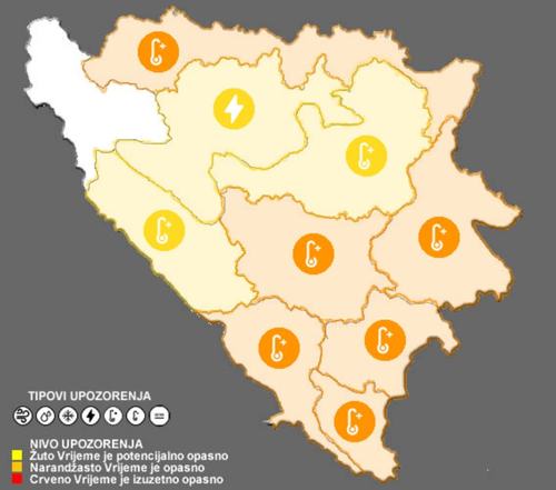 Žuti i narandžasti meteoalarm upaljeni za područje BiH na dan 18.7.2026.