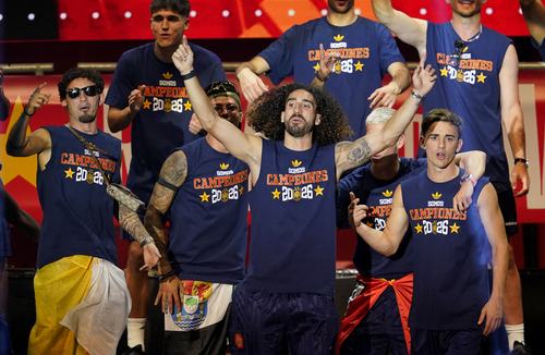 Soccer Football - FIFA World Cup 2026 - Spain Victory Parade - Madrid, Spain - July 20, 2026 Spain's Marc Cucurella and teammates celebrate on the stage at Cibeles Square in Madrid after the victory parade as fans gather to celebrate winning the World Cup