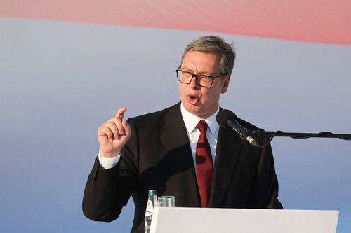 Serbian President Aleksandar Vucic speaks during a rally in Belgrade, Serbia, June 27, 2026. REUTERS/Djordje Kojadinovic