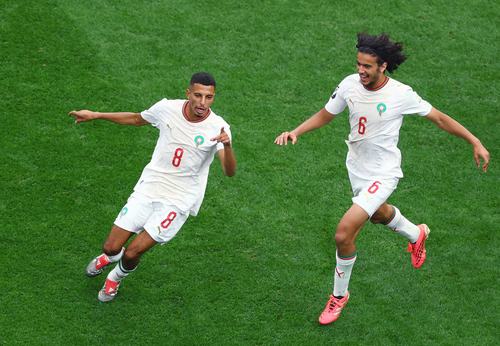 Soccer Football - FIFA World Cup 2026 - Round of 16 - Canada v Morocco - Houston Stadium, Houston, Texas, U.S. - July 4, 2026 Morocco's Azzedine Ounahi celebrates scoring their first goal with Ayyoub Bouaddi REUTERS/Issei Kato