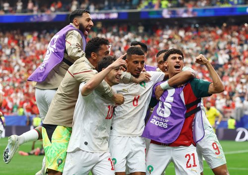 Soccer Football - FIFA World Cup 2026 - Round of 16 - Canada v Morocco - Houston Stadium, Houston, Texas, U.S. - July 4, 2026 Morocco's Azzedine Ounahi celebrates scoring their second goal with teammates REUTERS/Hannah Mckay