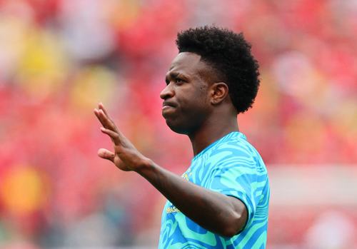 Soccer Football - FIFA World Cup 2026 - Round of 16 - Brazil v Norway - New York New Jersey Stadium, East Rutherford, New Jersey, U.S. - July 5, 2026 Brazil's Vinicius Junior during the warm up before the match IMAGN IMAGES via Reuters/Caean Couto