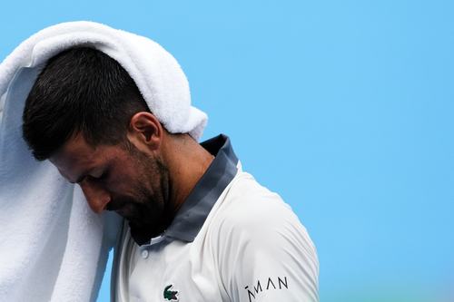 Aug 15, 2026; Mason, OH, USA; Novak Djokovic (SRB) wipes his head after a point
