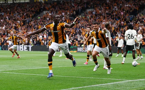 Soccer Football - Premier League - Hull City v Manchester United - MKM Stadium, Hull, Britain - August 22, 2026 Hull City's Nobel Mendy celebrates scoring their second goal Action Images via Reuters/Lee Smith EDITORIAL USE ONLY. NO USE WITH UNAUTHORIZED A