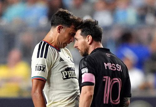 Aug 19, 2026; Chester, Pennsylvania, USA; Philadelphia Union midfielder Quinn Sullivan (33) and Inter Miami CF forward Lionel Messi (10) react in the second half at Subaru Park. Mandatory Credit: Kyle Ross-Imagn Images TPX IMAGES OF THE DAY