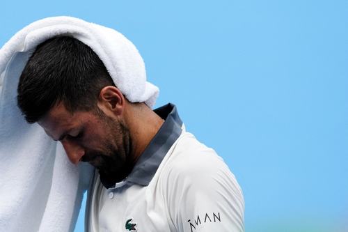 Aug 15, 2026; Mason, OH, USA; Novak Djokovic (SRB) wipes his head after a point aga