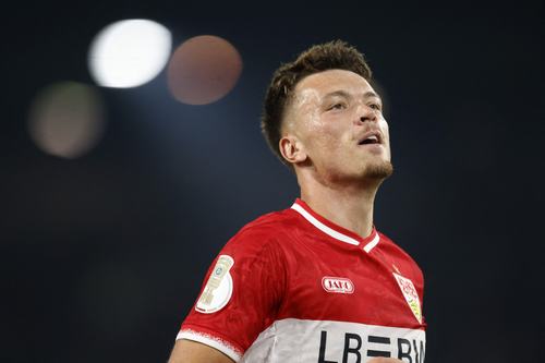 Soccer Football - DFB Cup - First Round - Hansa Rostock v VfB Stuttgart - Ostseestadion, Rostock, Germany - August 21, 2026 VfB Stuttgart's Dzenan Pejcinovic celebrates scoring their first goal REUTERS/Axel Schmidt DFB REGULATIONS PROHIBIT ANY USE OF PHOT