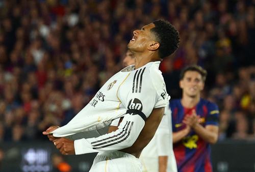Soccer Football - LaLiga - FC Barcelona v Real Madrid - Spotify Camp Nou, Barcelona, Spain - May 10, 2026 Real Madrid's Jude Bellingham reacts after scoring a goal that was later disallowed REUTERS/Albert Gea